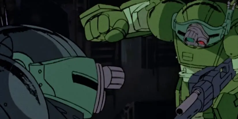 A mecha fight takes place in Armored Trooper Votoms.