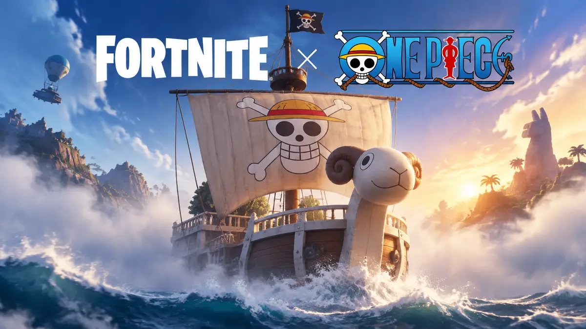Корабль Going Merry с флагом пиратов Соломенной Шляпы выплывает из тумана, логотипы Fortnite и One Piece
