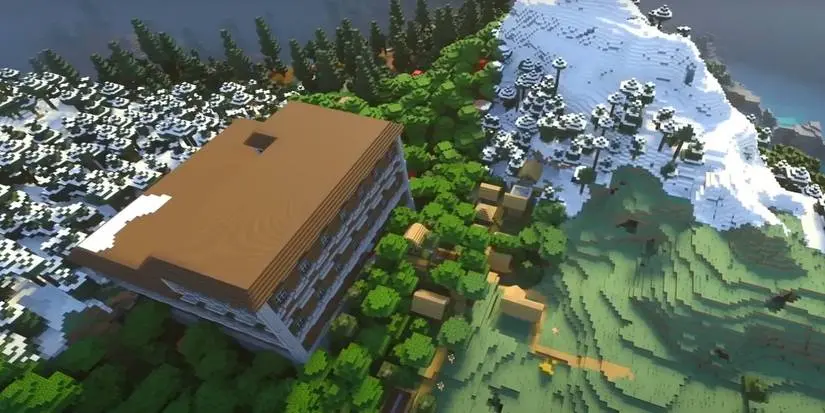Minecraft Mansion and Village from 1.20 Bedrock world seed "Mysterious Meadow Mansion"