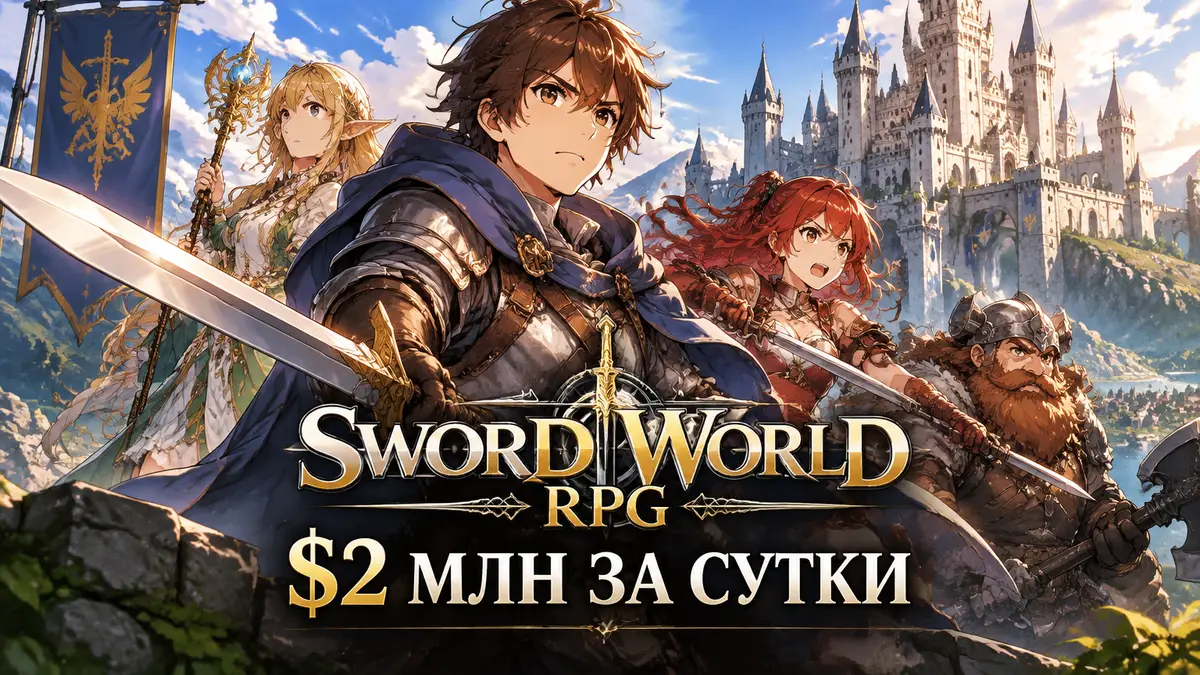 Фэнтезийные герои Sword World RPG в аниме-стиле с мечами и посохами на фоне замка, логотип игры