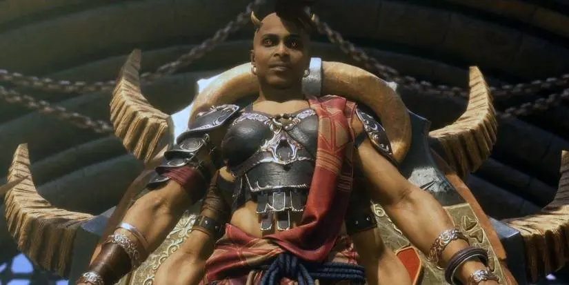 Sheeva looks down on a vanquished opponent in Mortal Kombat 11.
