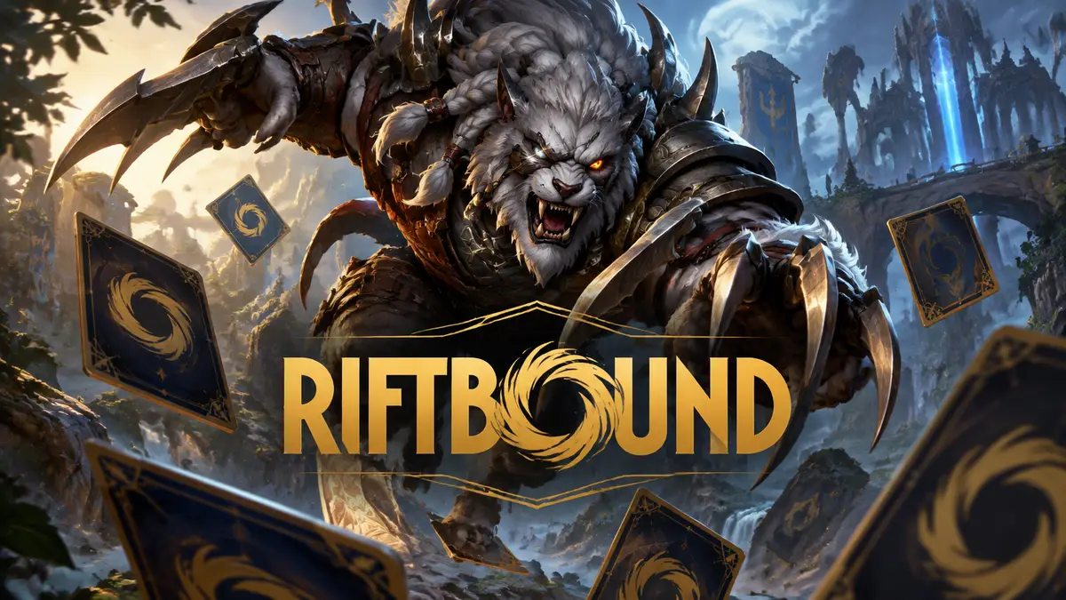 Чемпион Rengar в прыжке из засады среди карт Riftbound на фоне в стиле League of Legends