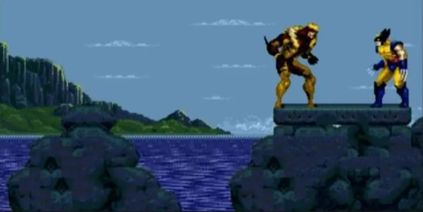 Wolverine fights Sabretooth in X-Men 1993 for the Sega Genesis.