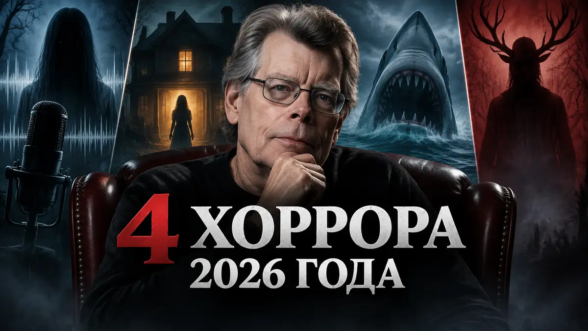Писатель Стивен Кинг на фоне постеров и призрачных силуэтов из хорроров