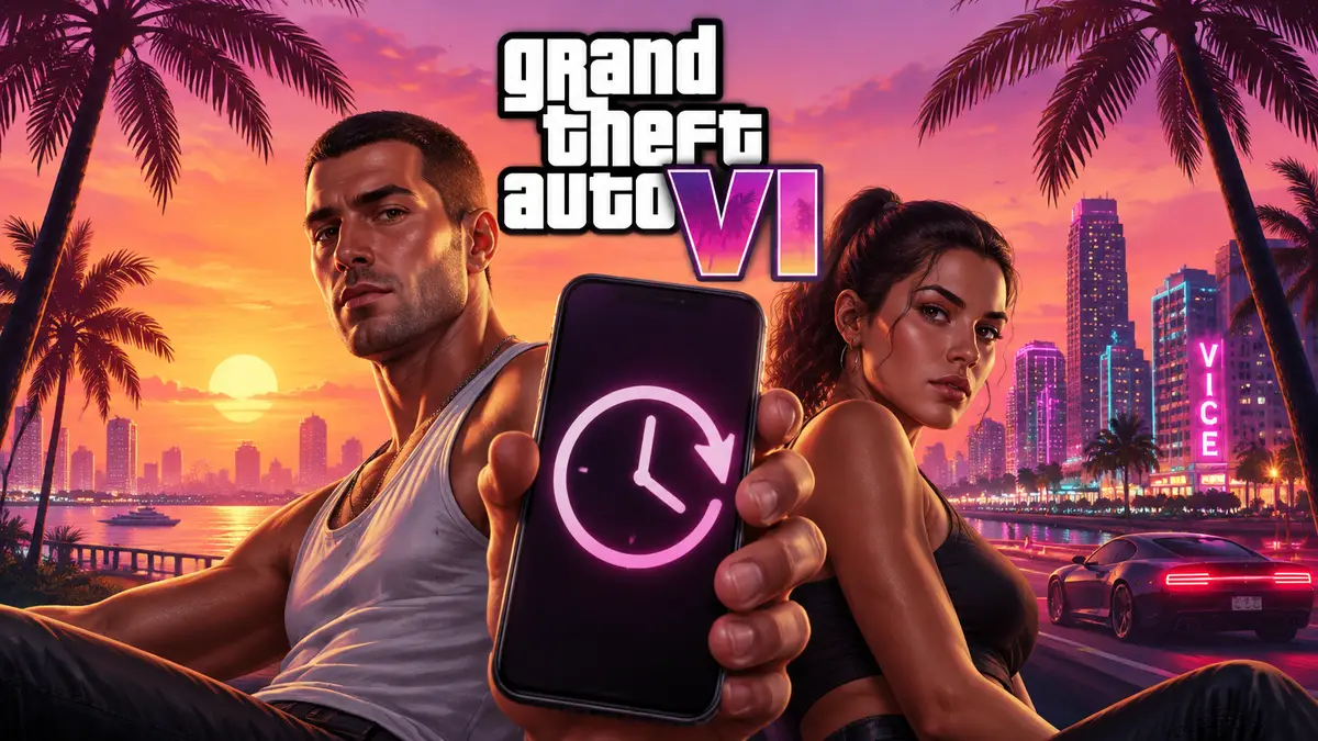 Постер GTA 6: силуэт пальм и неонового города на закате, логотип Grand Theft Auto VI и телефон в центре