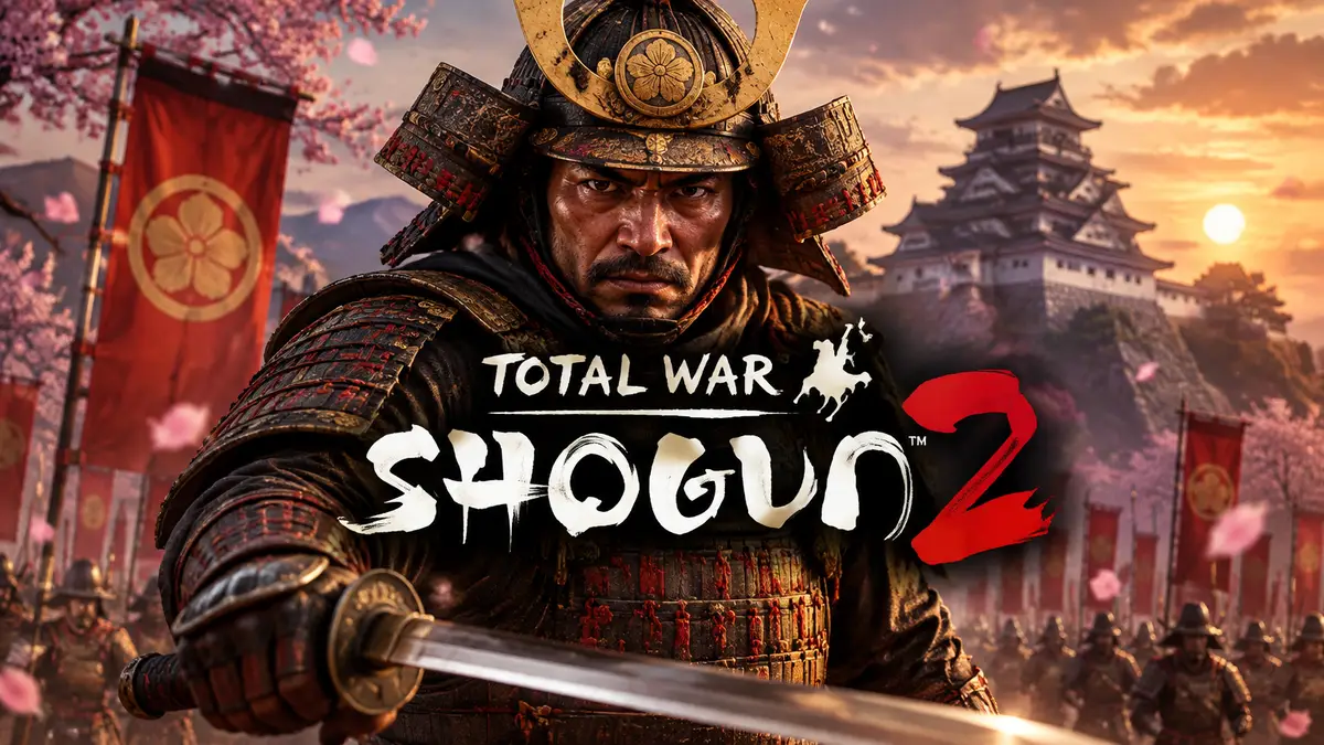 Самурай в доспехах на фоне японского замка и логотипа Total War: Shogun 2 в стиле постера