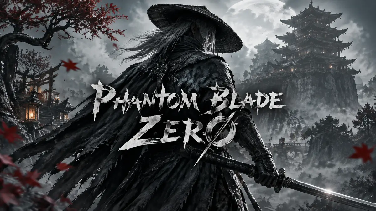 Воин с восточным клинком на фоне башни и туманного леса в стиле игры Phantom Blade Zero