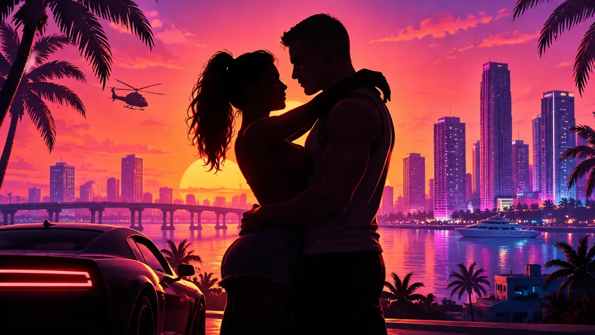Джейсон и Лусия из GTA 6 обнимаются на фоне неонового закатного города в стиле постера Grand Theft Auto