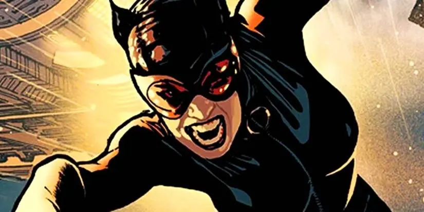 Comic book art: Catwoman leaps forward, ready to attack.