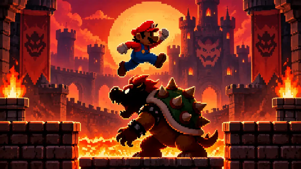 Марио в красной кепке в прыжке над Боузером в ярком пиксельном стиле Super Mario Bros. на фоне замка