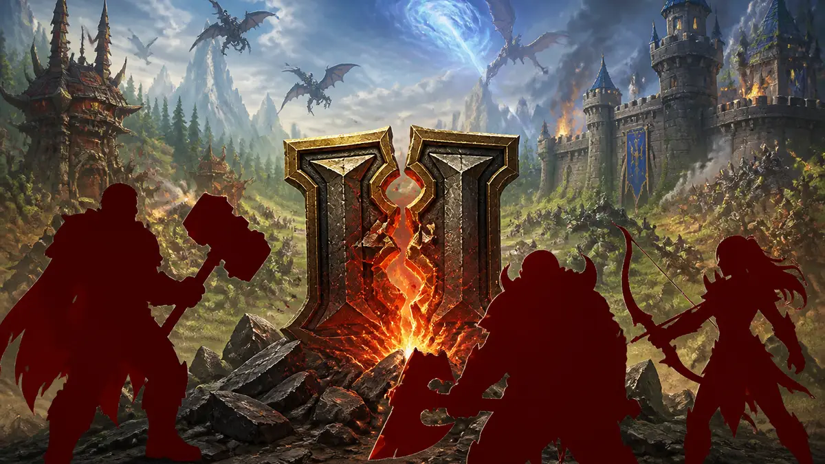 Логотип стратегии Warcraft III Reforged на фоне поля битвы