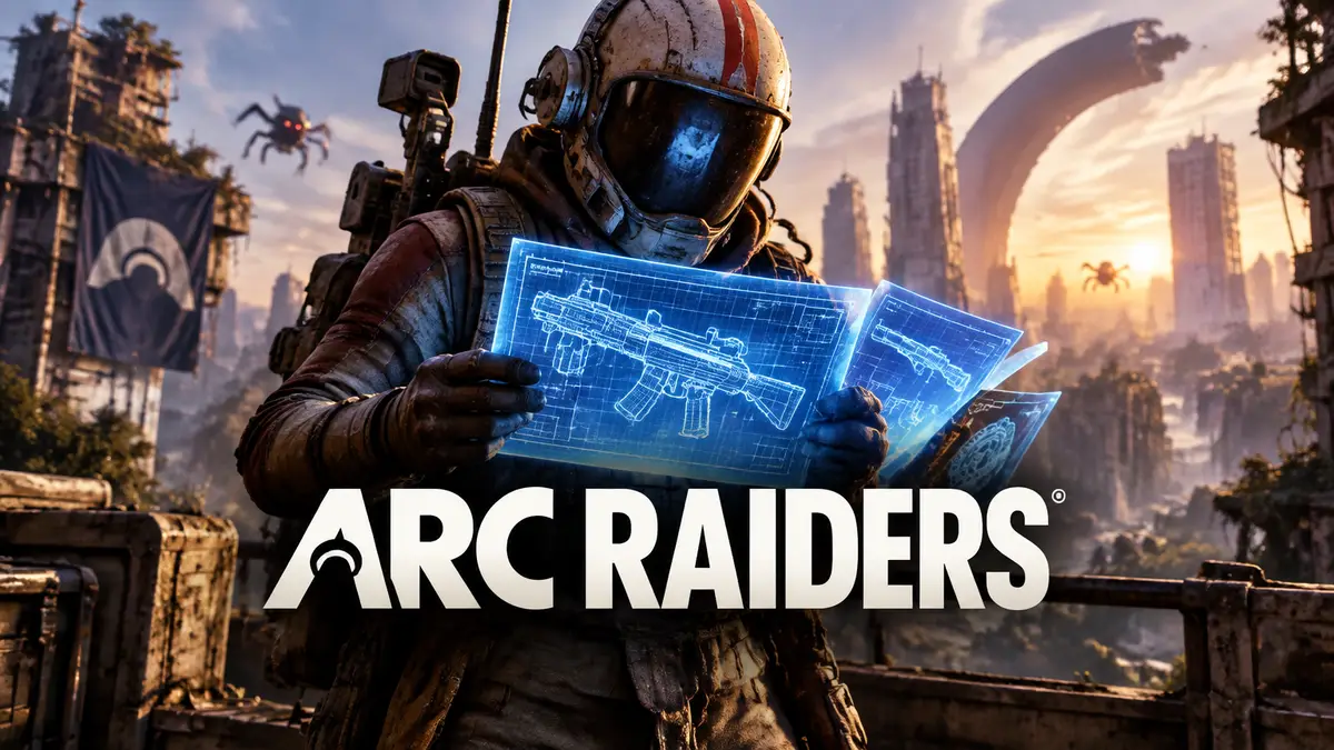 Рейдер из ARC Raiders в защитном снаряжении держит светящиеся чертежи оружия на фоне руин города