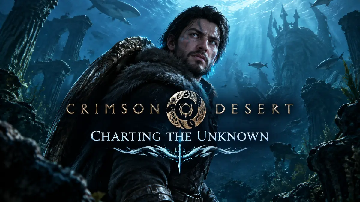 Постер дополнения Charting the Unknown для Crimson Desert с персонажем на фоне морских глубин