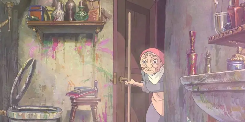 sophie about to clean howl's bathroom in howl's moving castle