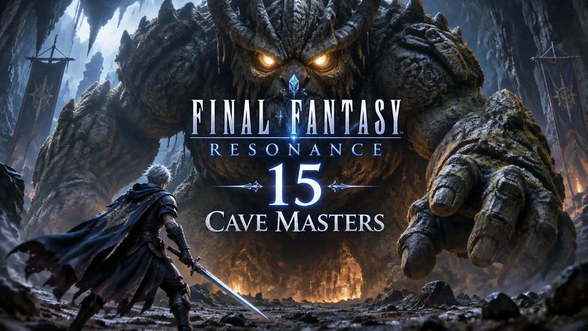 Огромный монстр Cave Master у входа в тёмную пещеру, в стиле key art Final Fantasy Resonance