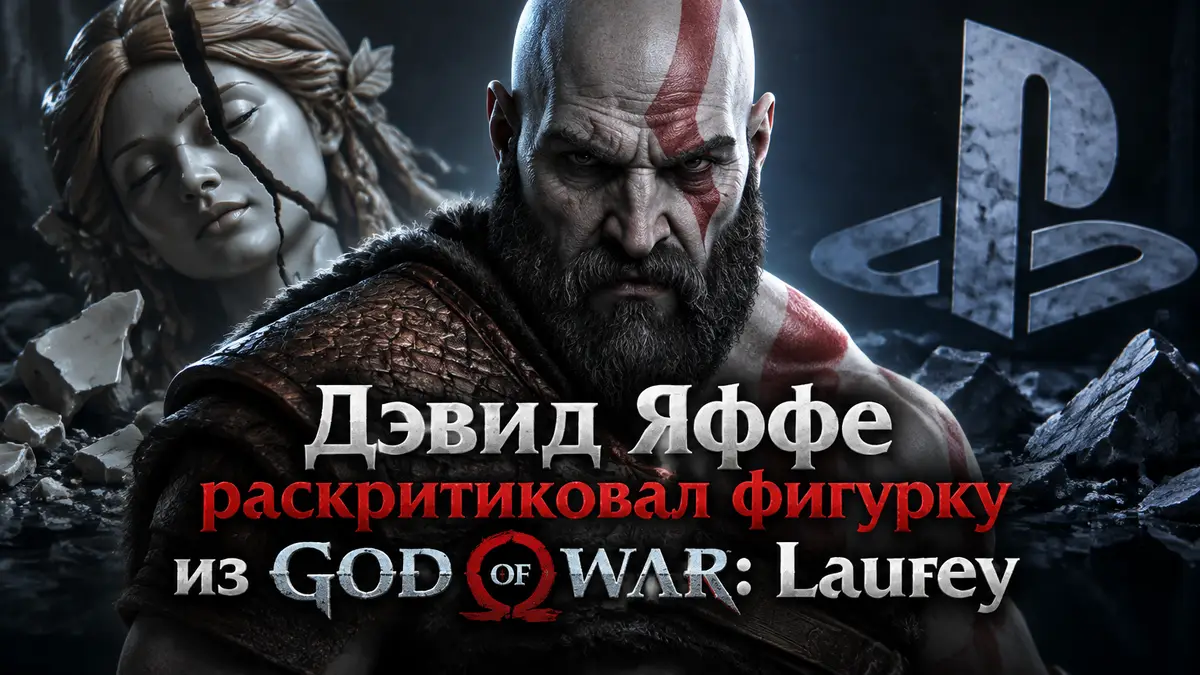 Кратос из God of War в центре на фоне треснувшей пластиковой фигурки и логотипа PlayStation, тёмная стилистика