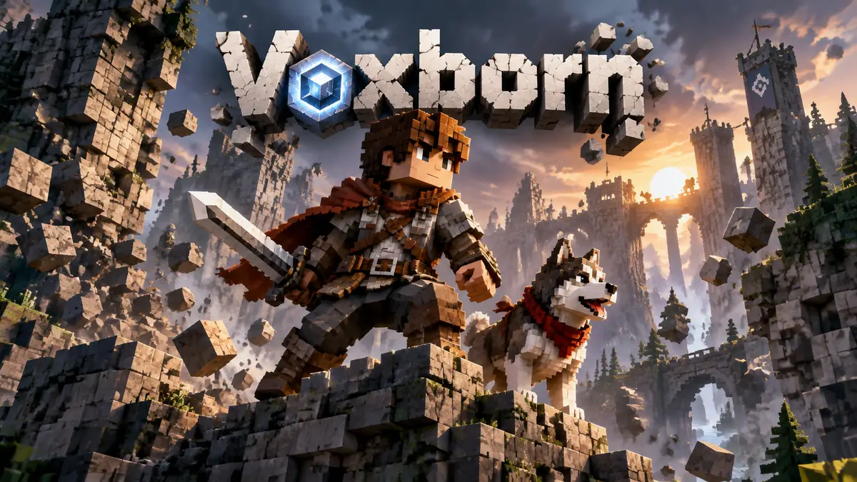 Герой воксельной экшен-RPG Voxborn с верным псом на фоне разрушаемых кубических руин