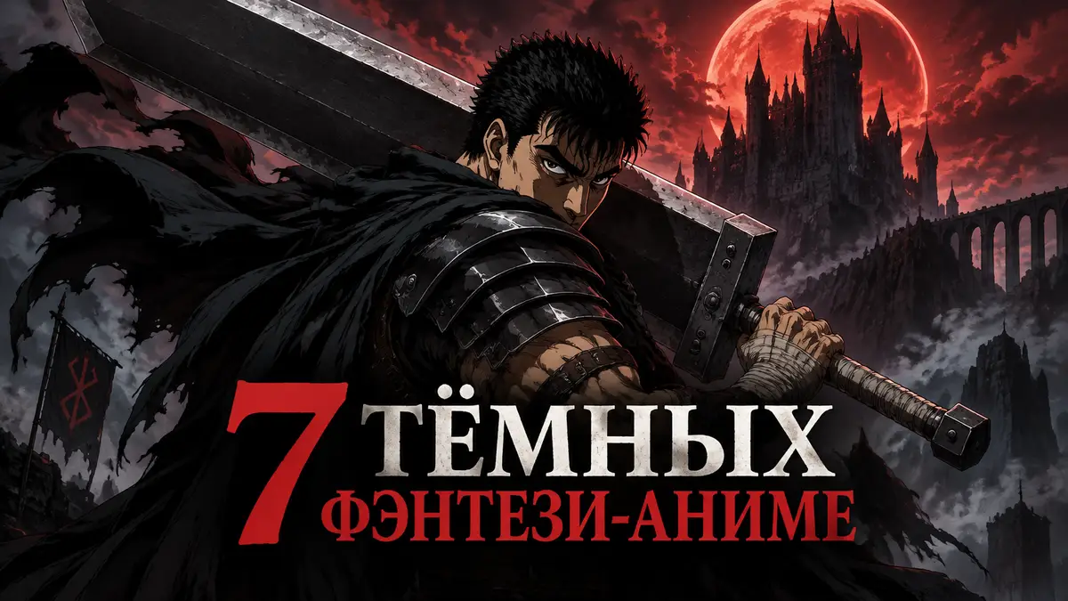Гатс с огромным мечом на фоне мрачного замка в стиле аниме «Берсерк», постер тёмного фэнтези-аниме