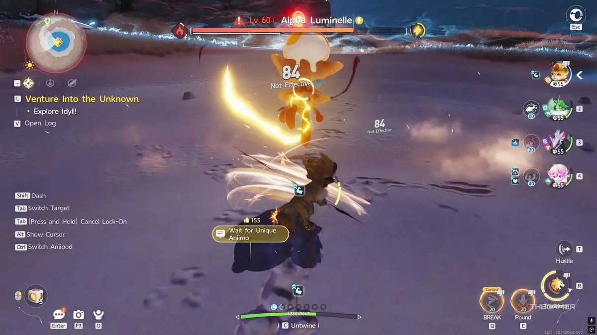 A player controlled Aniimo is fighting against Alpha Luminelle.