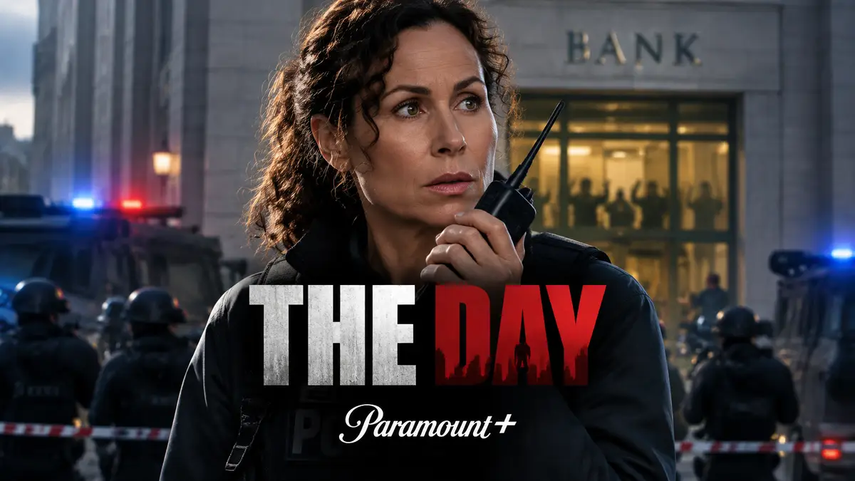 Минни Драйвер в роли переговорщицы у оцепленного банка, постер сериала The Day от Paramount+