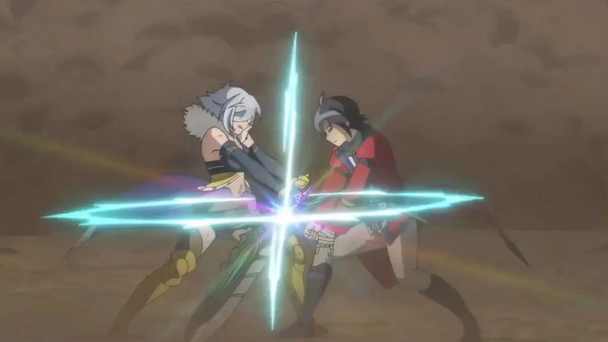 Tsukimichi Makoto vs Sofia + Lancer in a swordfight, as dust surrounds them from a clash and their blades spark together
