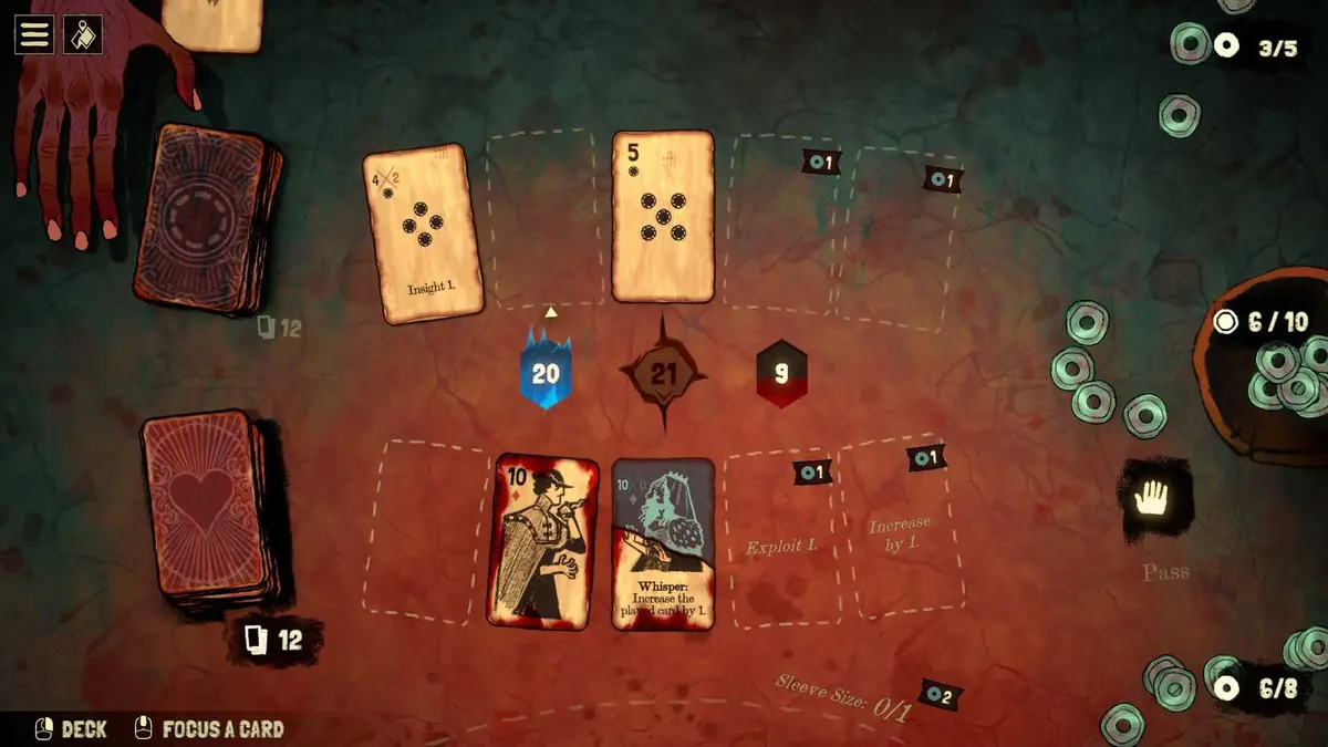 Gameplay in Black Jacket shows cards and coins on a table.
