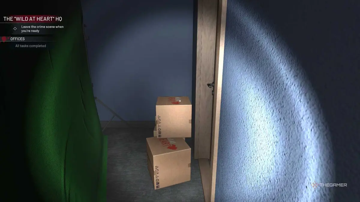 Crime Scene Cleaner boxes behind a green screen.
