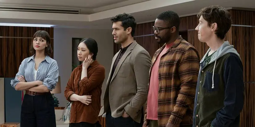 Eiza González as Auggie Salazar, Jess Hong as Jin Cheng, Saamer Usmani as Raj Varma, Jovan Adepo as Saul Durand, Alex Sharp as Will Downing in episode 103 of 3 Body Problem