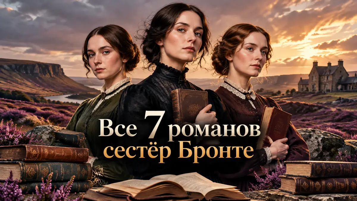 Три сестры Бронте в викторианских платьях на фоне вересковых пустошей Йоркшира и старинных романов