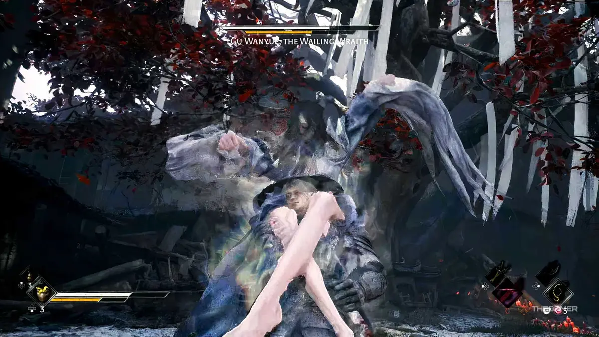 The Wailing Wraith is on Souls shoulders and is using her neck breaking attack.