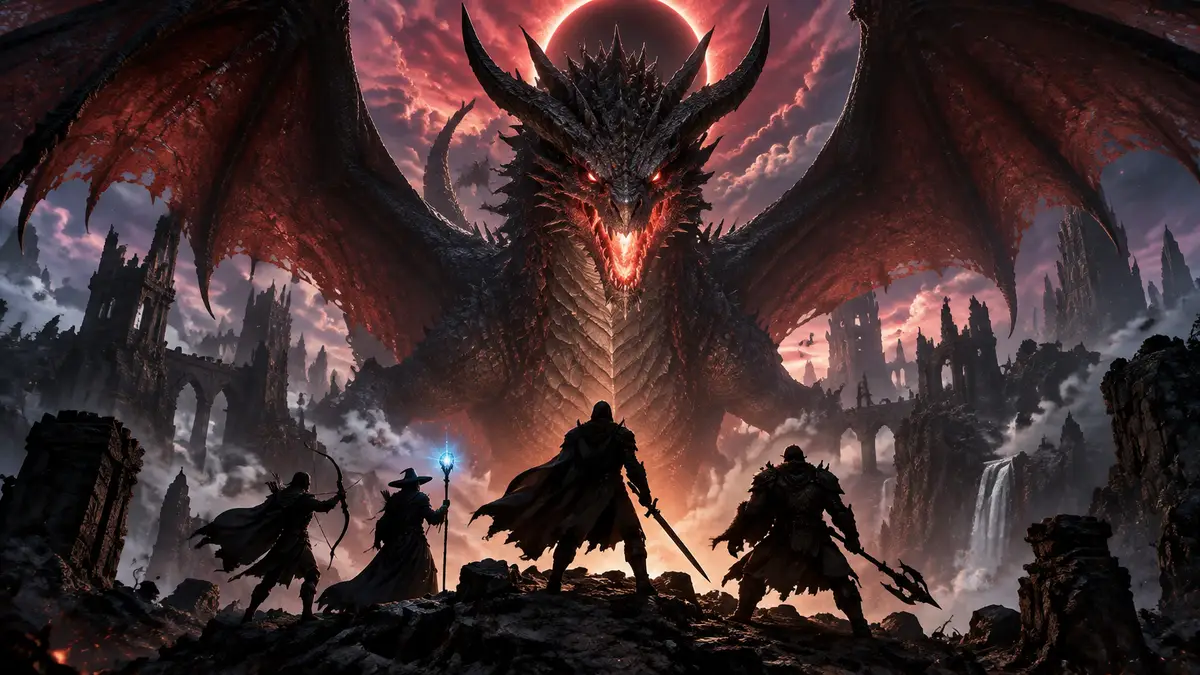Огромный чешуйчатый Fallen Dragon с распахнутыми крыльями над отрядом героев, key art Dragon's Dogma 2: Dark Arisen