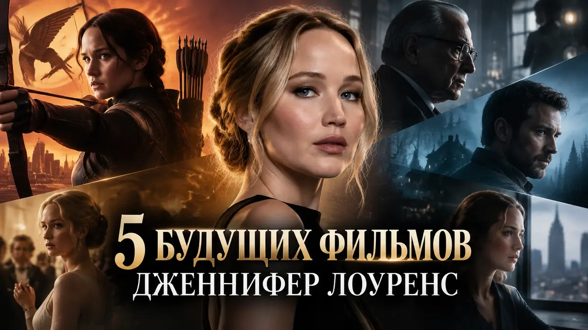 Дженнифер Лоуренс в центре постера, за ней силуэты Китнисс Эвердин и кинокадров её будущих фильмов