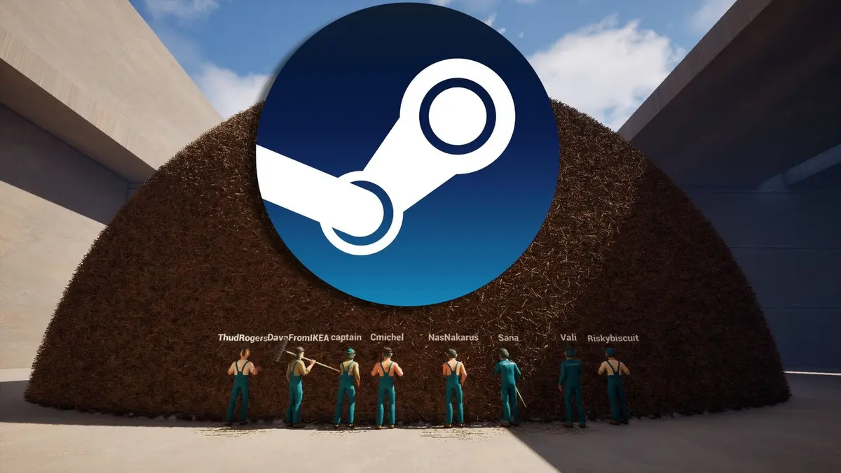 Several game characters gather around a huge domed pile of small objects, apparently trying to find one specific thing within it. It's a needle in a haystack scenario - which is exactly what the game