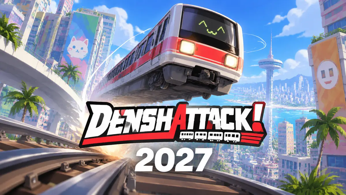 Поезд из Denshattack! в прыжке над рельсами на фоне яркого города в стиле Dreamcast, логотип игры