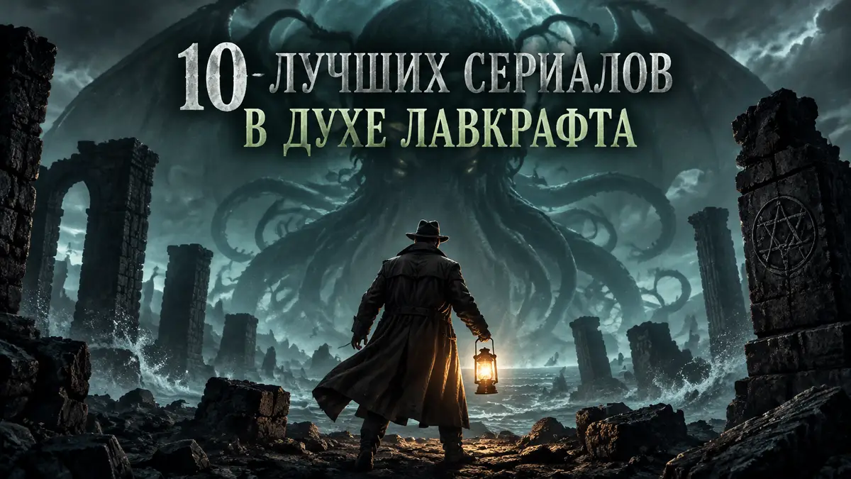 Мрачная фигура сыщика с фонарем перед древним лавкрафтовским чудовищем среди руин