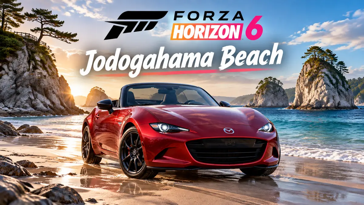 Красная Mazda на песчаном пляже Jodogahama Beach у моря, стиль постера Forza Horizon 6