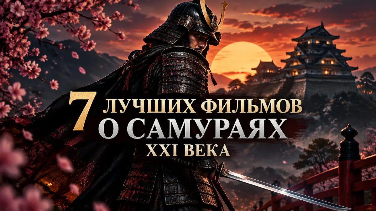 Самурай в доспехах с катаной на фоне японского замка в сумерках, постер подборки фильмов о самураях