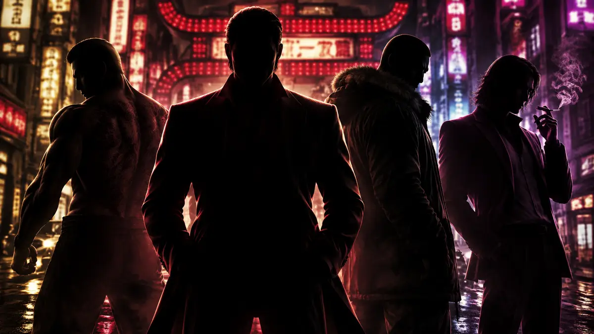 Рюдзи Года, Синтаро Кадзама, Тайга Саэдзима и Сюн Акияма на постере Yakuza на фоне неоновых улиц Камуротё