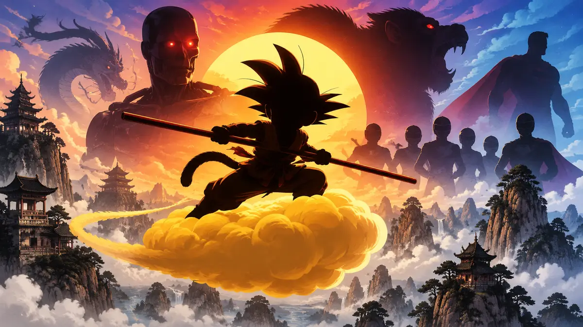 Гоку с шестом Power Pole на облаке Flying Nimbus в стиле Dragon Ball, за ним силуэты андроида и обезьяны