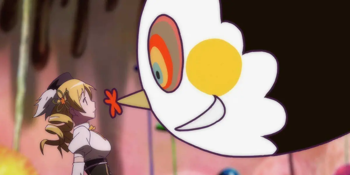 A witch approaches a magical girl in Puella Magi Madoka Magica.
