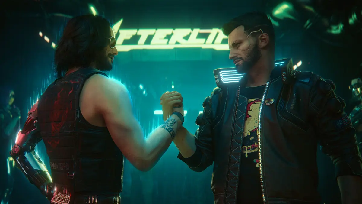 V and Johnny Silverhand shake hands in Cyberpunk 2077.