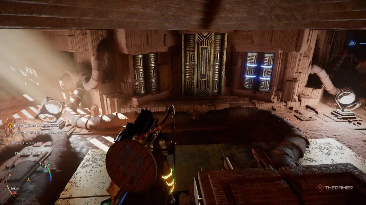 A player solving the Throne of Truth abyss puzzle in Crimson Desert.