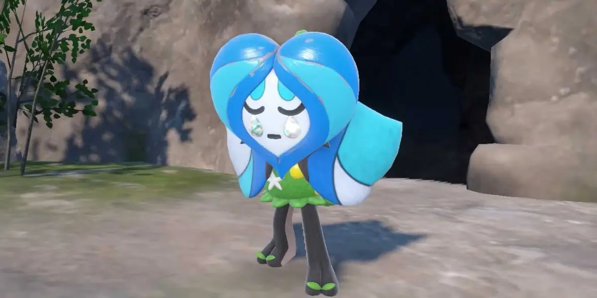 Ogerpon from Pokémon Scarlet and Violet wearing its blue Wellspring Mask.