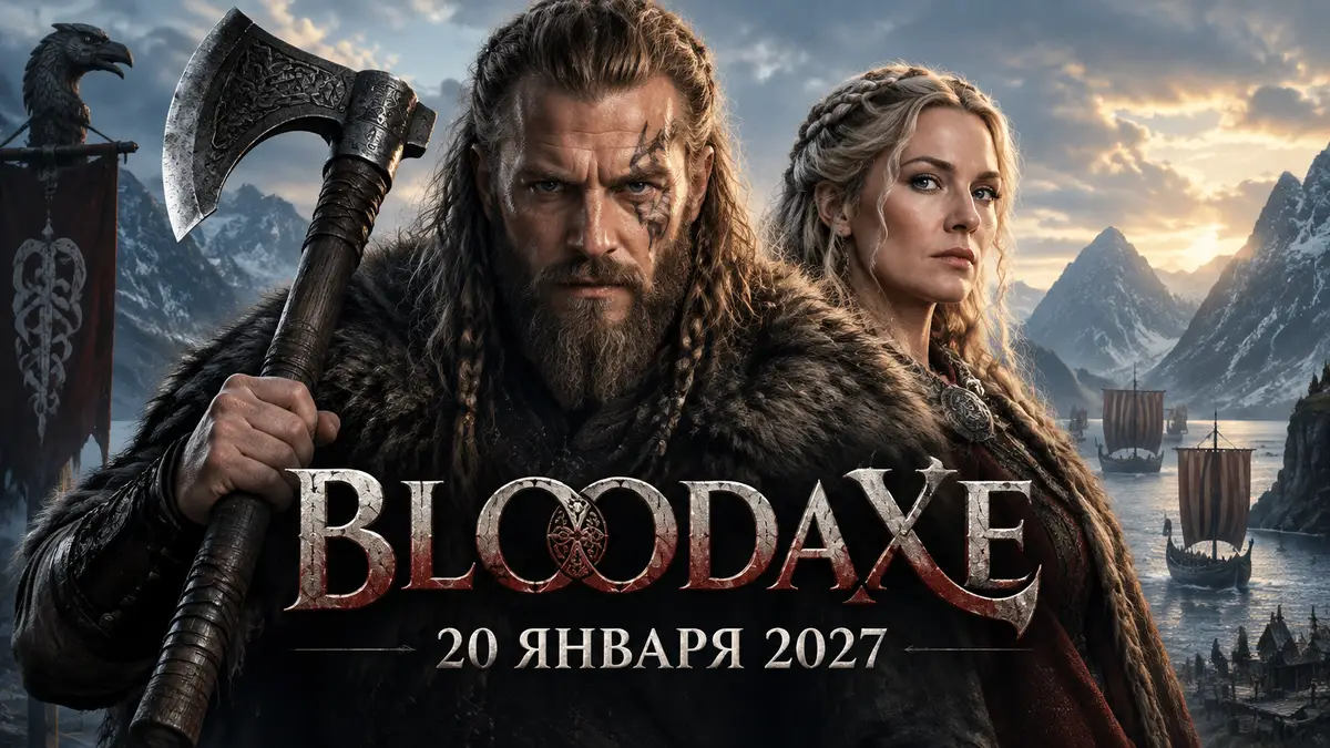 Викинг Эрик Кровавая Секира с топором и Гуннхильд на фоне норвежских фьордов, постер сериала Bloodaxe