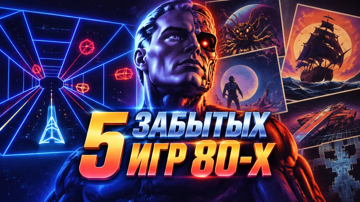 Неоновый векторный тоннель Tempest и ретро-постер забытых игр 80-х в стиле аэрографии с киборгом