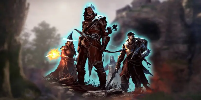 Enshrouded Characters with a blurred background of Skull Cave