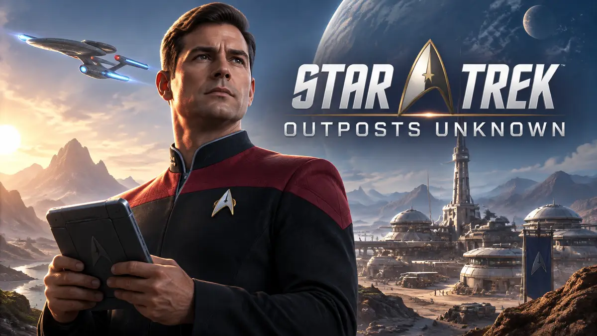 Капитан Звёздного флота с прибором на фоне аванпоста на чужой планете, логотип Star Trek: Outposts Unknown