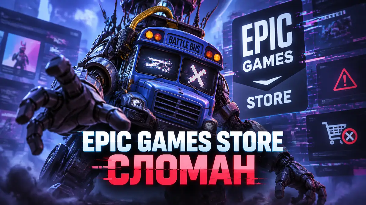 Робот Battle Bus из Fortnite на фоне логотипа Epic Games Store с глючащим интерфейсом лаунчера