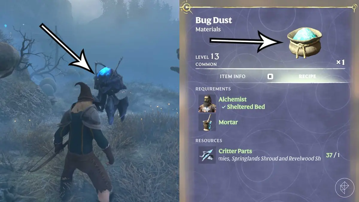 A player defeats a critter to craft bug dust, needed to make goo, in Enshrouded.