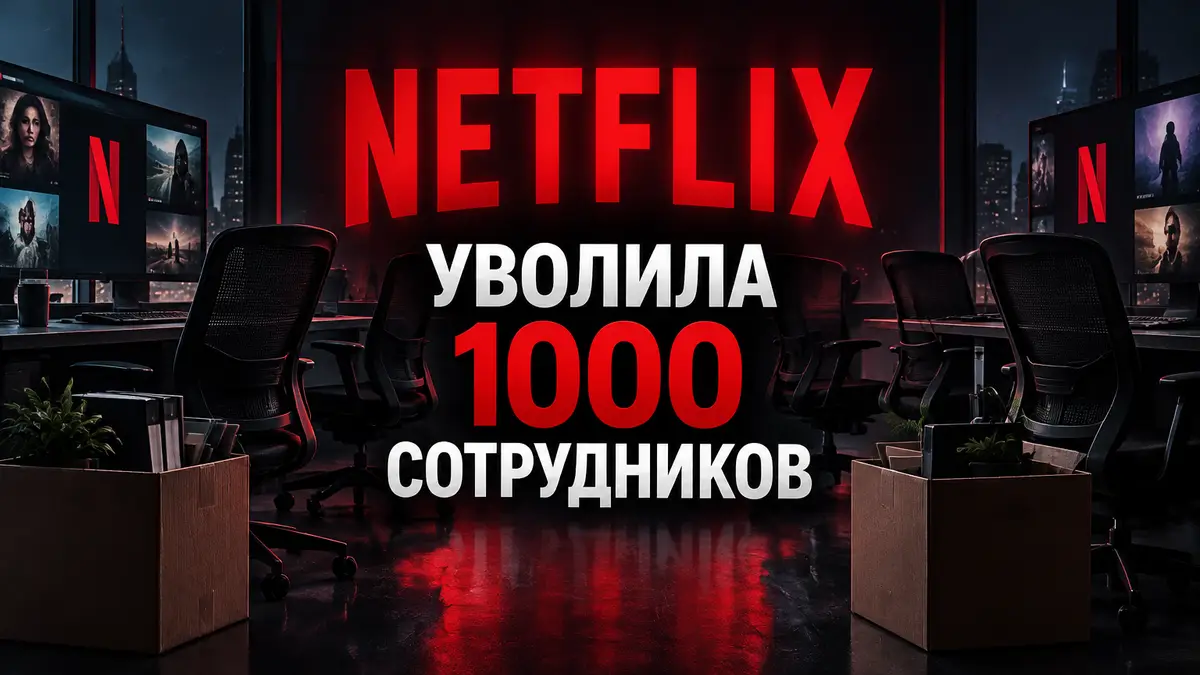 Красный логотип Netflix крупно в центре на тёмном фоне, пустые офисные кресла и экраны стриминга